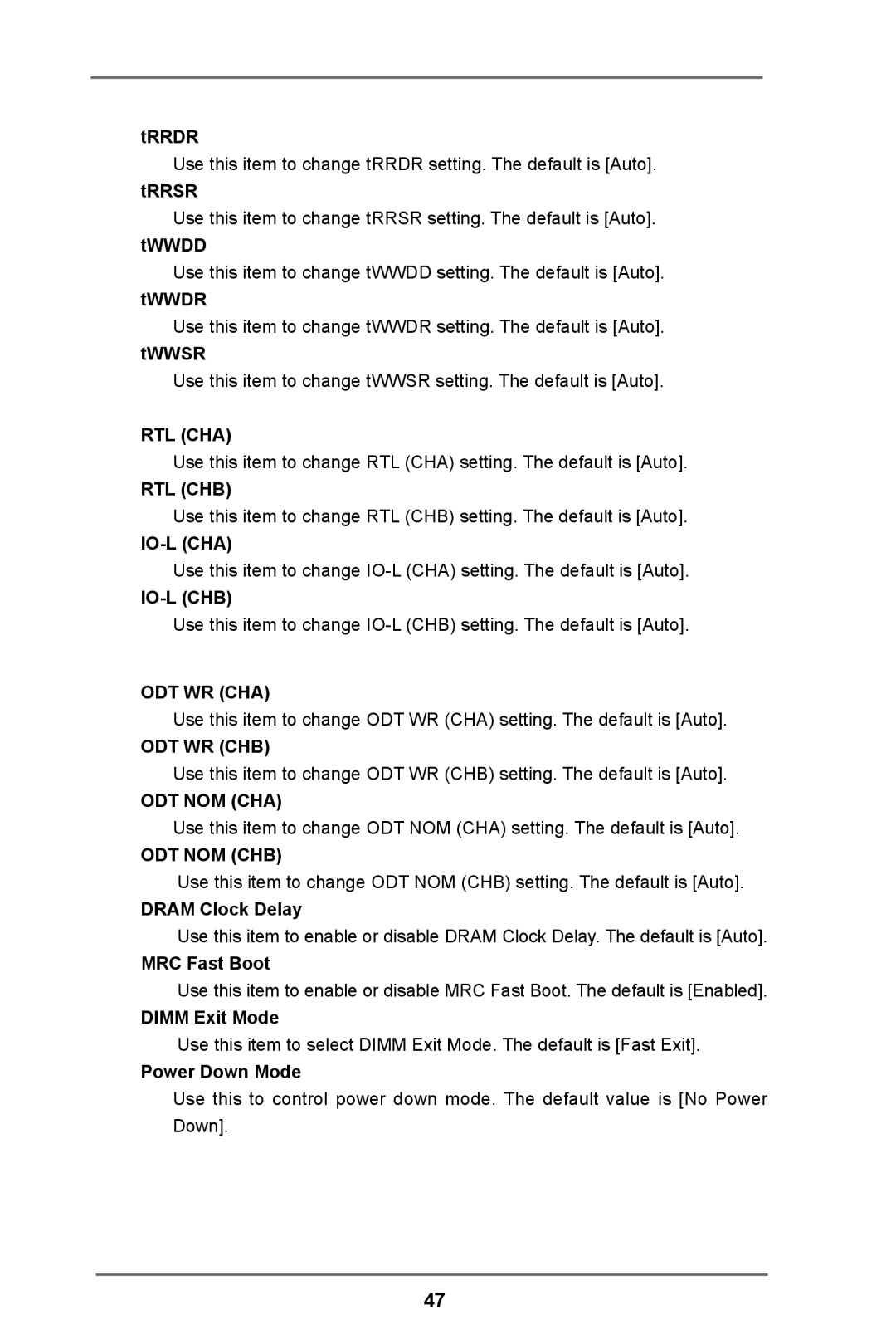 ASRock C216 WS manual Trrdr, Dram Clock Delay, MRC Fast Boot, Dimm Exit Mode, Power Down Mode 