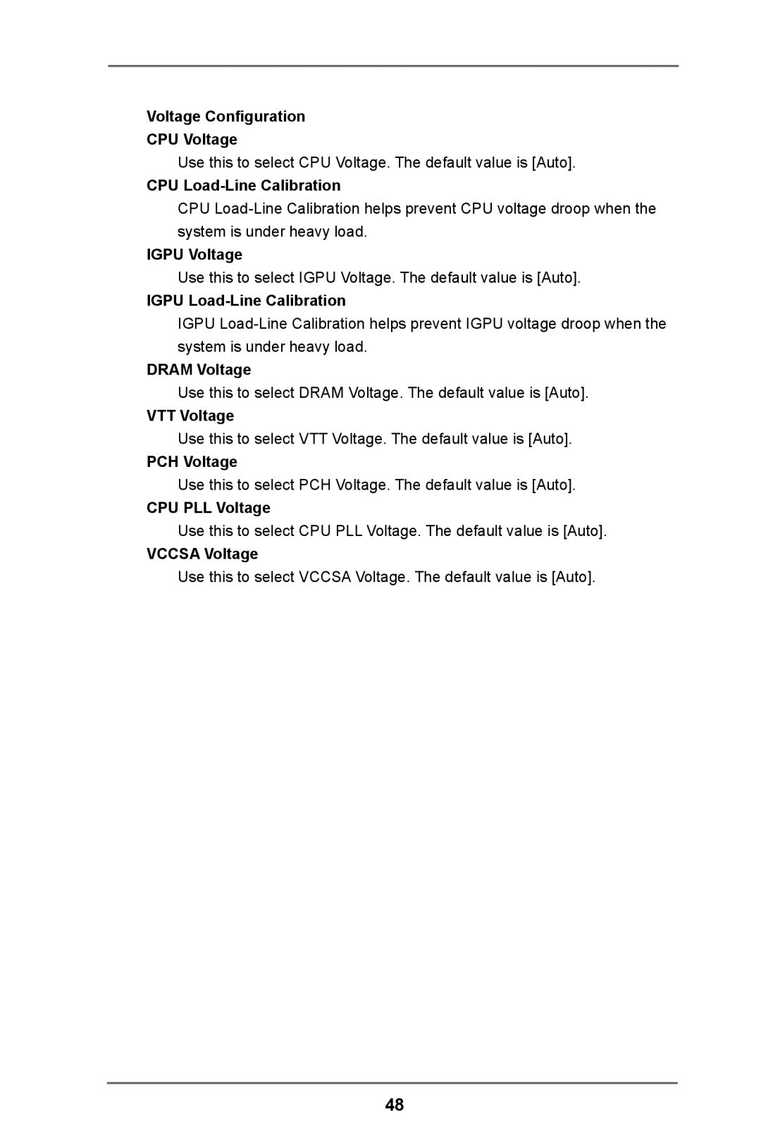 ASRock C216 WS Voltage Configuration CPU Voltage, CPU Load-Line Calibration, Igpu Voltage, Igpu Load-Line Calibration 