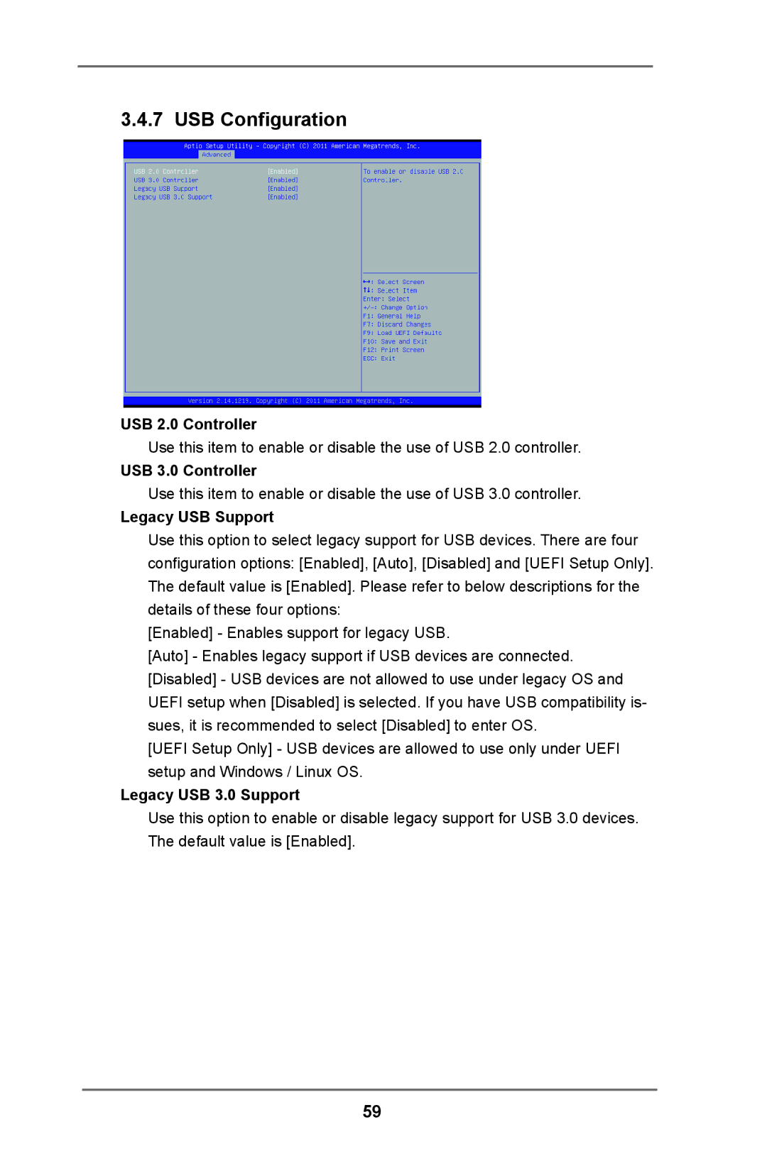 ASRock C216 WS manual USB Configuration, USB 2.0 Controller, USB 3.0 Controller, Legacy USB Support, Legacy USB 3.0 Support 