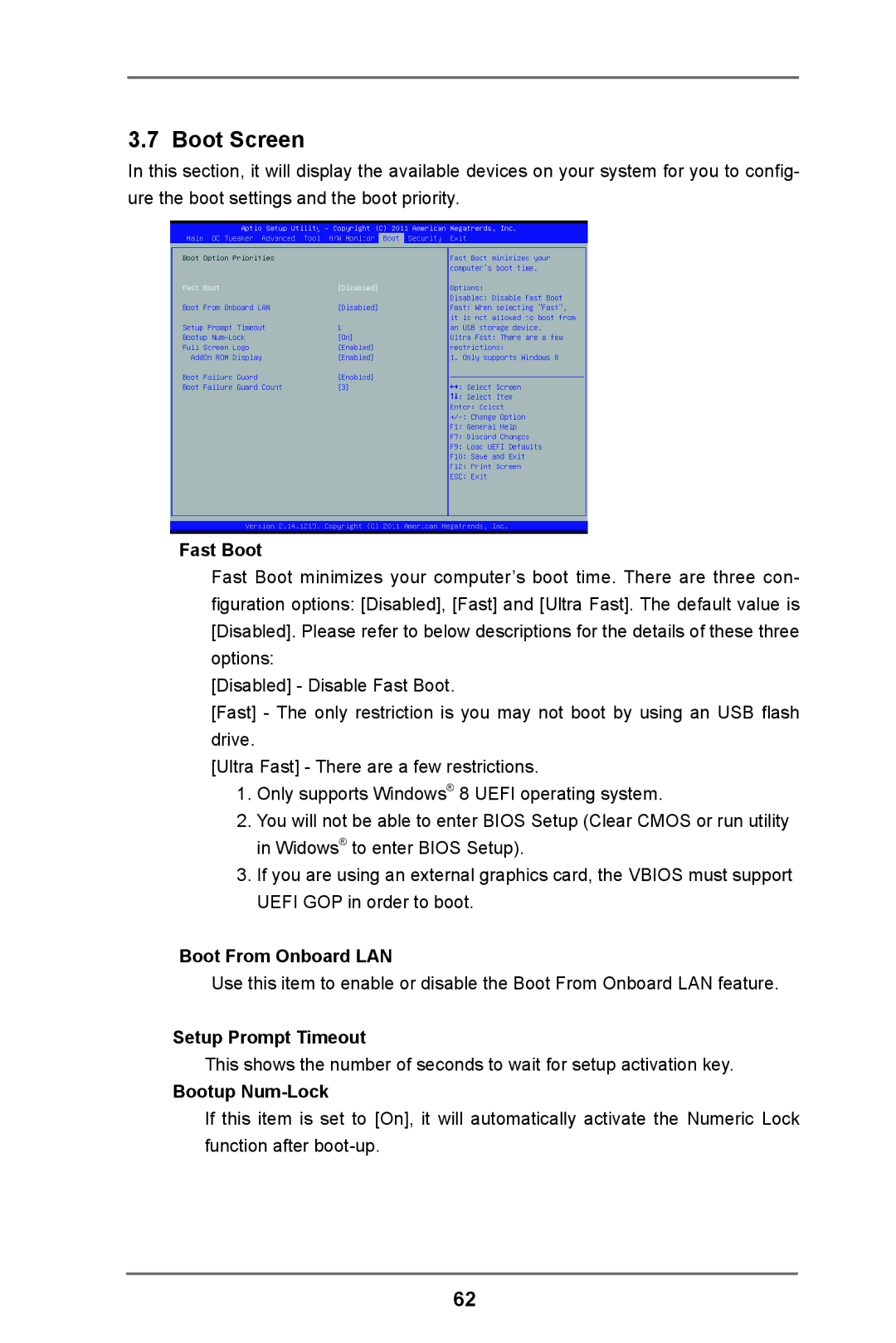 ASRock C216 WS manual Boot Screen, Fast Boot, Boot From Onboard LAN, Setup Prompt Timeout, Bootup Num-Lock 