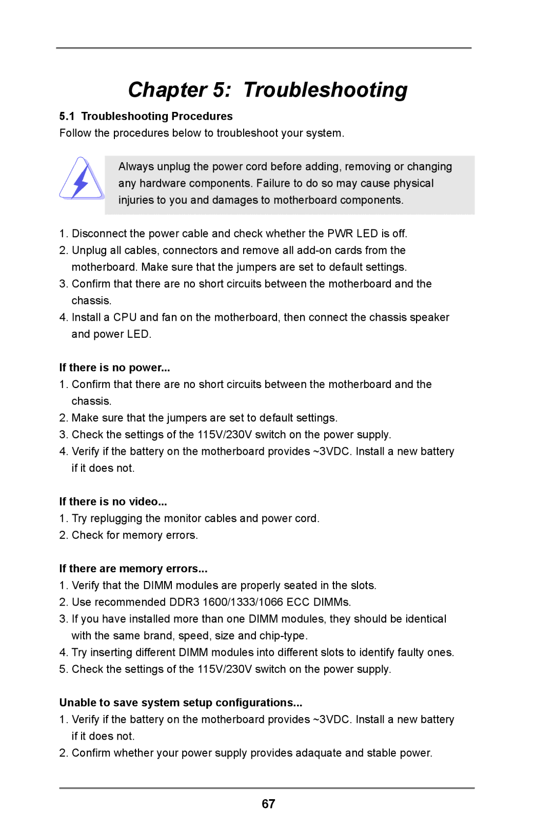 ASRock C216 WS manual Troubleshooting Procedures, If there is no power, If there is no video, If there are memory errors 