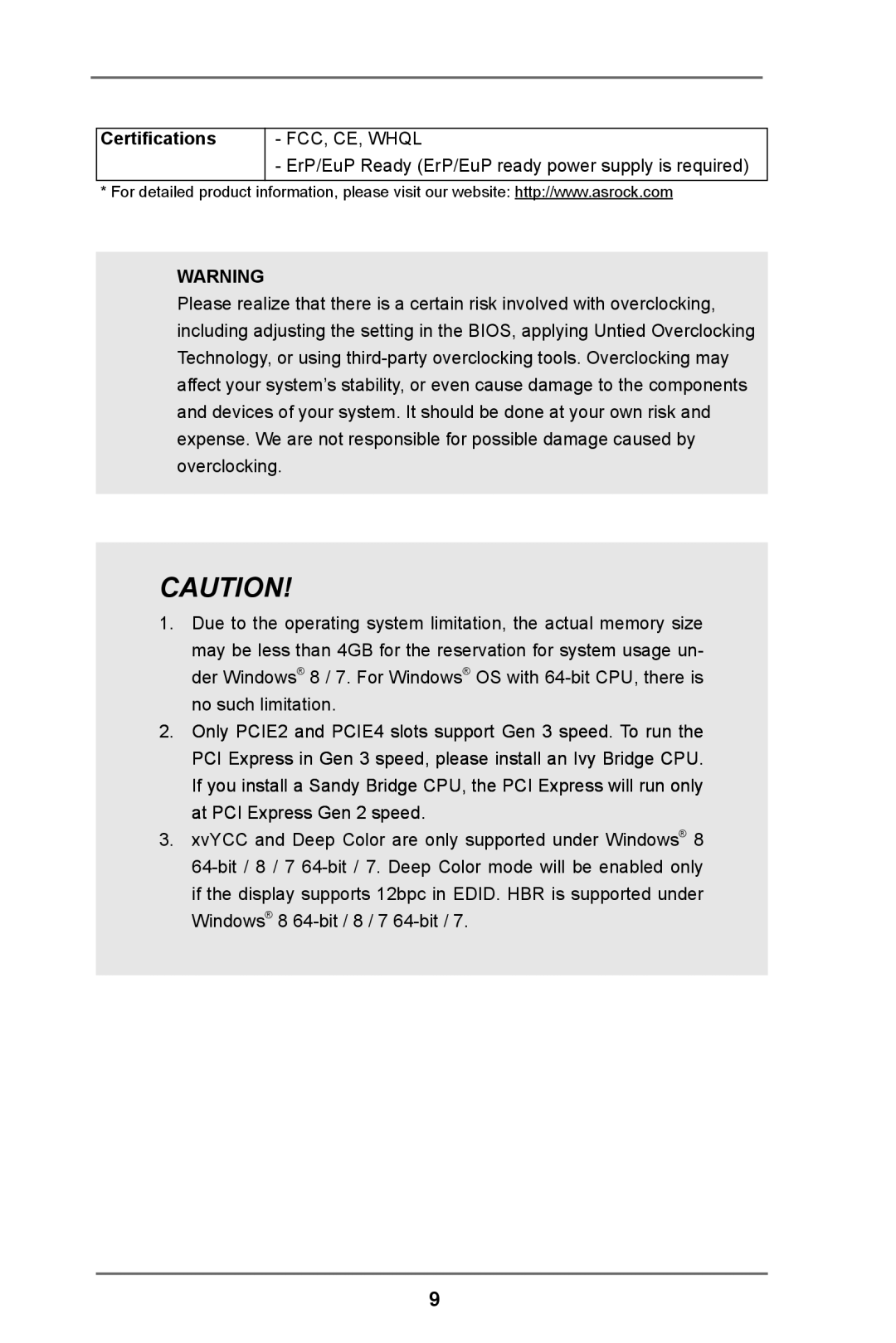 ASRock C216 WS manual Certifications, FCC, CE, Whql 