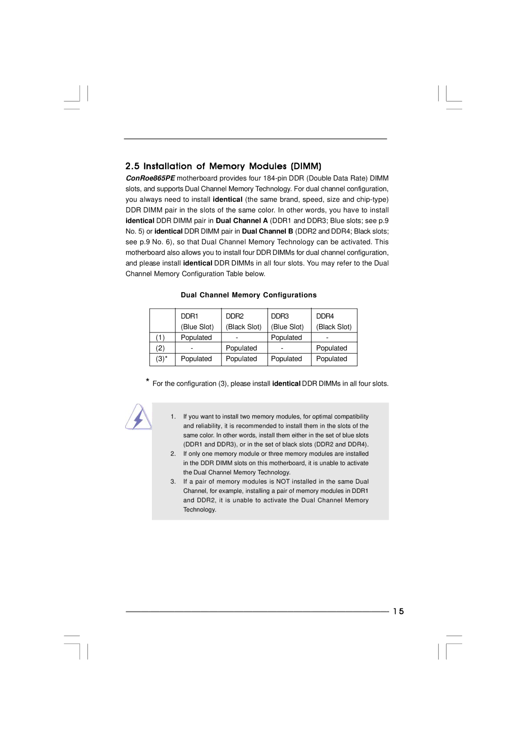 ASRock ConRoe865PE manual Installation of Memory Modules Dimm, Dual Channel Memory Configurations 