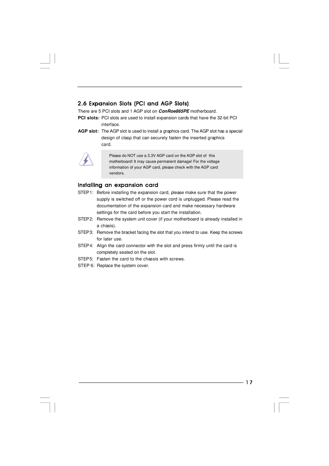 ASRock ConRoe865PE manual Expansion Slots PCI and AGP Slots, Installing an expansion card 