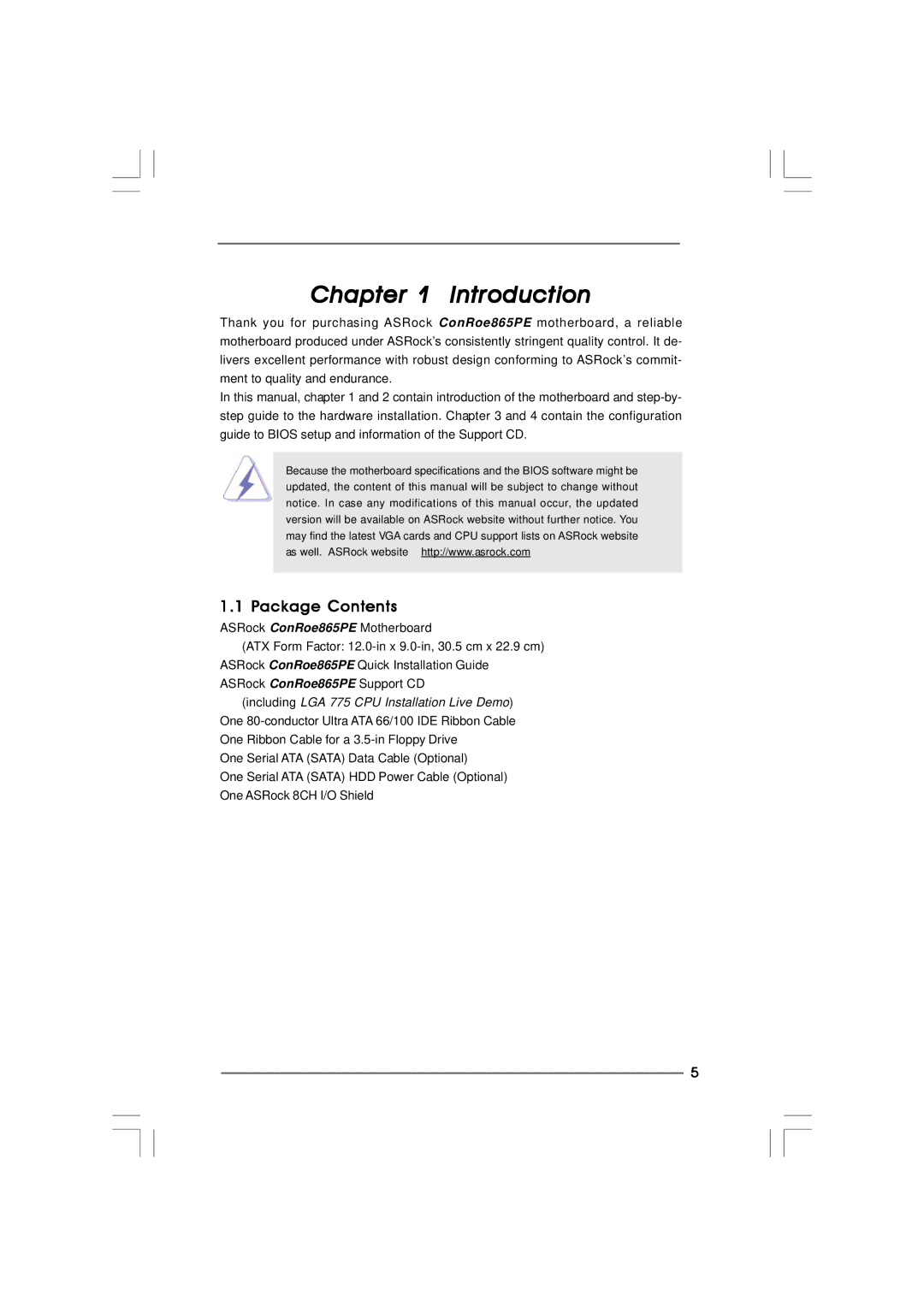 ASRock ConRoe865PE manual Introduction, Package Contents 