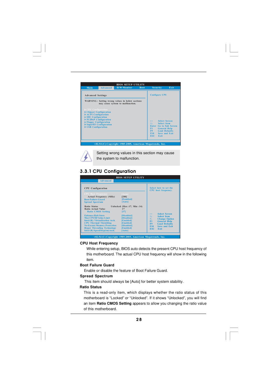 ASRock CONROE945 manual CPU Configuration, CPU Host Frequency, Boot Failure Guard, Spread Spectrum, Ratio Status 