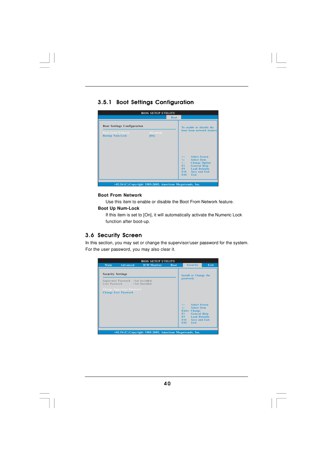 ASRock CONROE945 manual Boot Settings Configuration, Security Screen, Boot From Network, Boot Up Num-Lock 