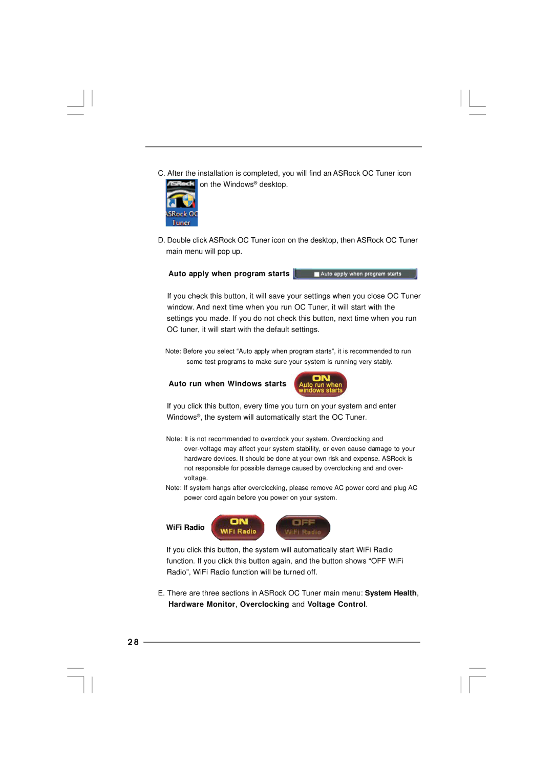 ASRock Core 100HT-BD manual Auto apply when program starts, Auto run when Windows starts, WiFi Radio 