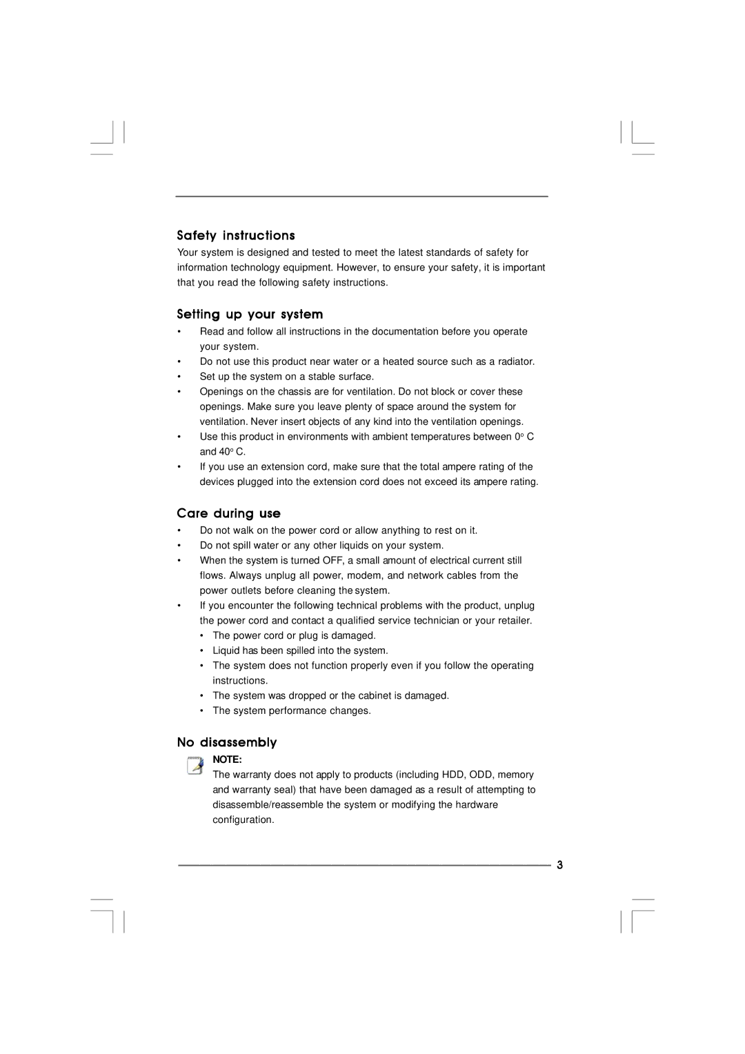 ASRock Core 100HT-BD manual Safety instructions, Setting up your system, Care during use, No disassembly 