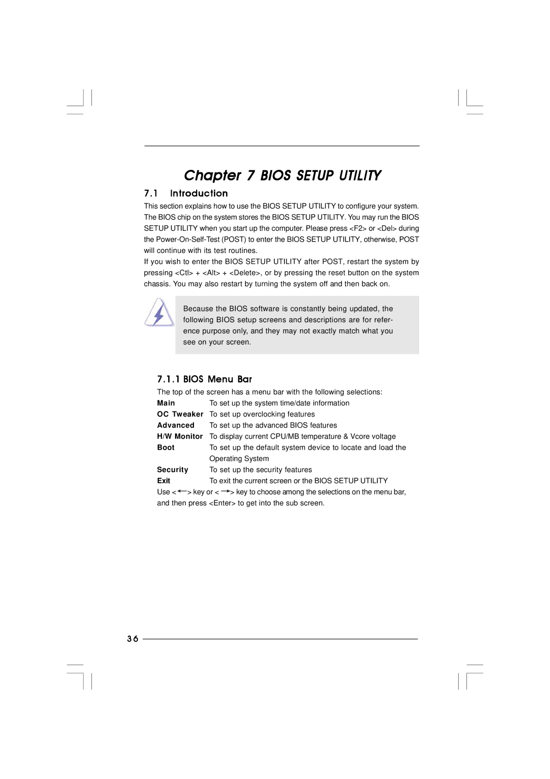 ASRock Core 100HT-BD manual Bios Setup Utility, Bios Menu Bar 