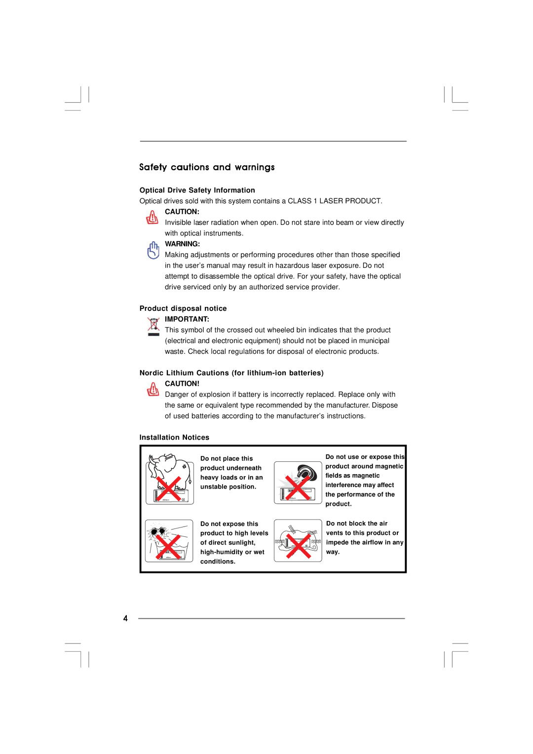 ASRock Core 100HT-BD manual Safety cautions and warnings, Optical Drive Safety Information, Product disposal notice 