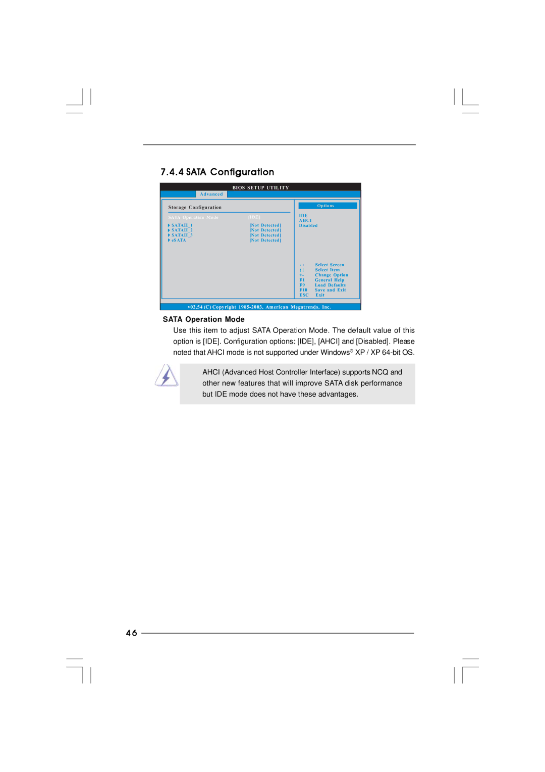 ASRock Core 100HT-BD manual Sata Configuration, Sata Operation Mode, V02.54 C Copyright 1985-2003, American Megatrends, Inc 