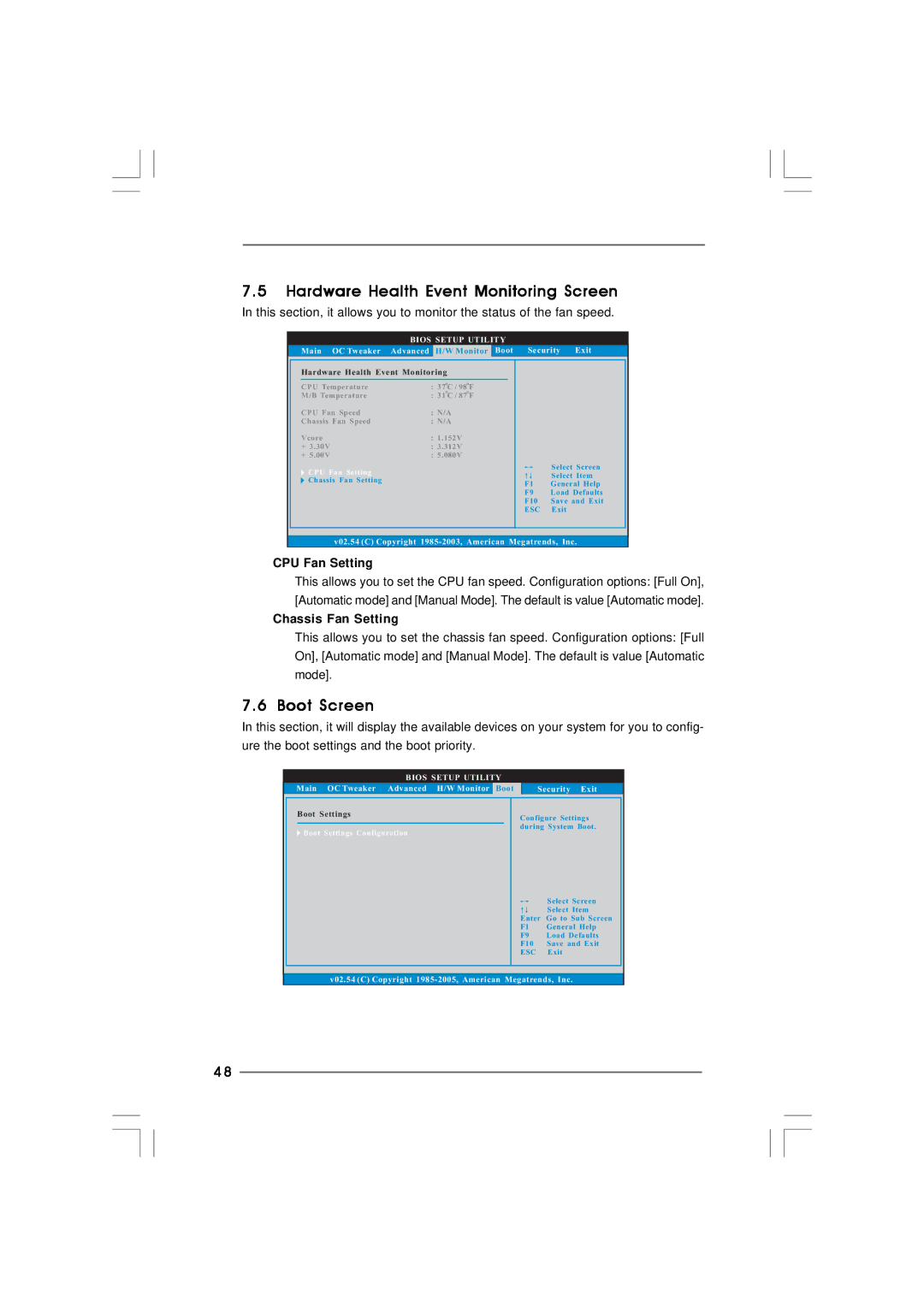 ASRock Core 100HT-BD manual Hardware Health Event Monitoring Screen, Boot Screen, CPU Fan Setting, Chassis Fan Setting 