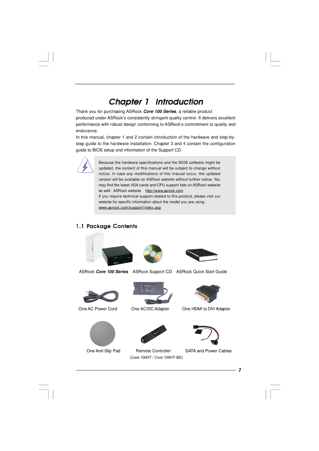 ASRock Core 100HT-BD manual Introduction, Package Contents 