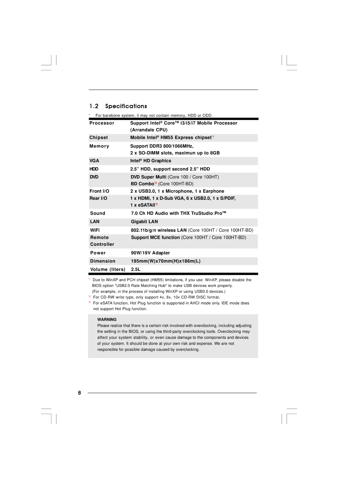 ASRock Core 100HT-BD manual Specifications 