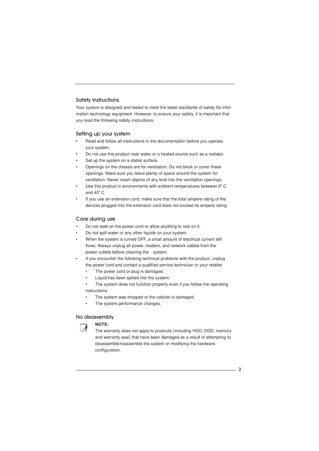 ASRock CoreHT Series manual Safety instructions, Setting up your system, Care during use, No disassembly 