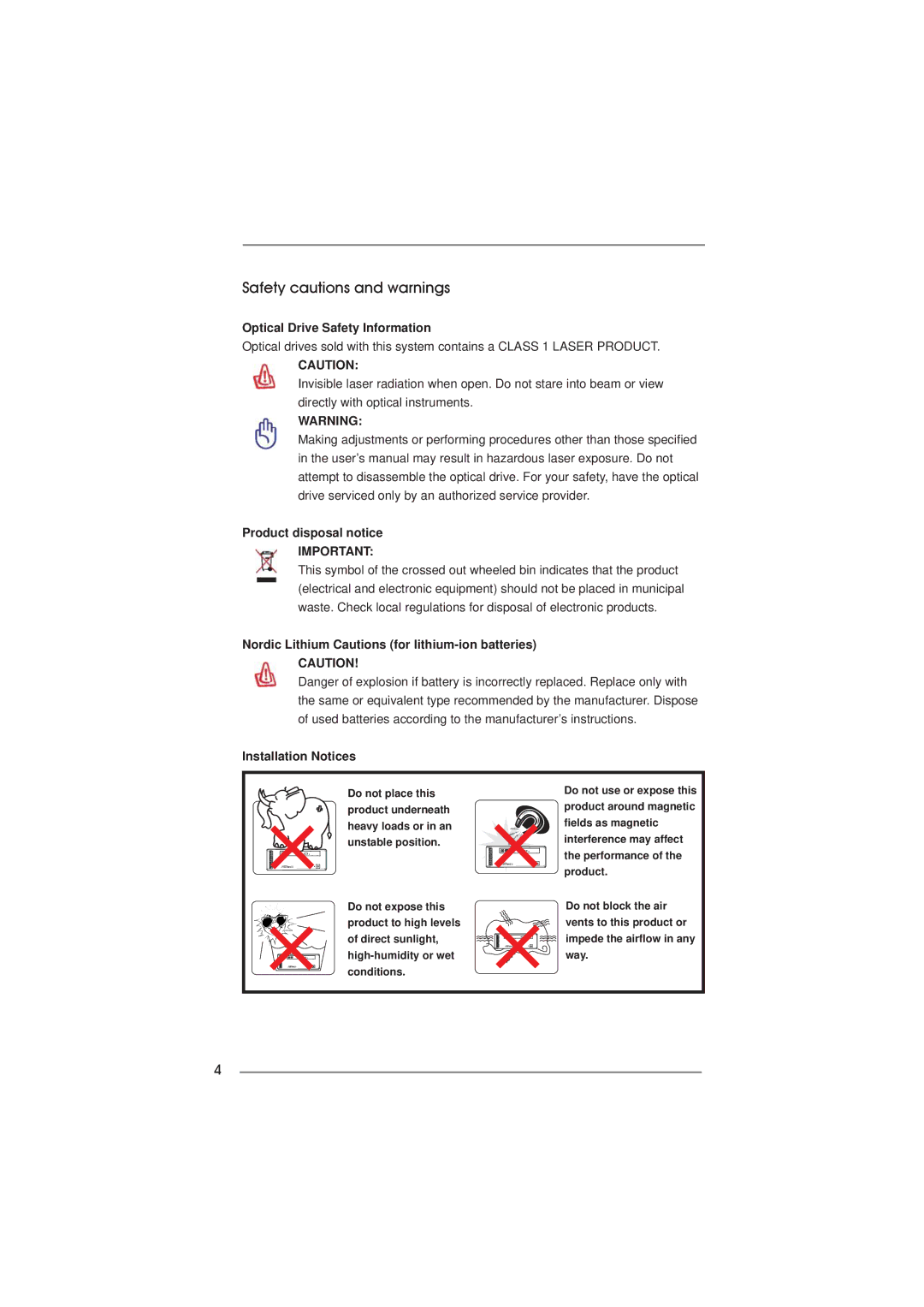 ASRock CoreHT Series manual Safety cautions and warnings, Optical Drive Safety Information, Product disposal notice 