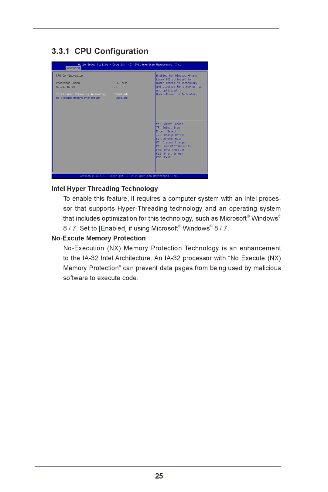 ASRock DN2800MT manual CPU Configuration, Intel Hyper Threading Technology, No-Excute Memory Protection 