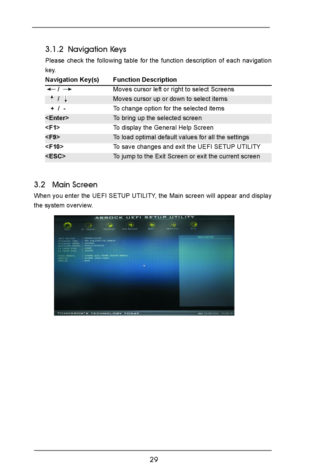 ASRock E350M1 manual Navigation Keys, Main Screen, F10 