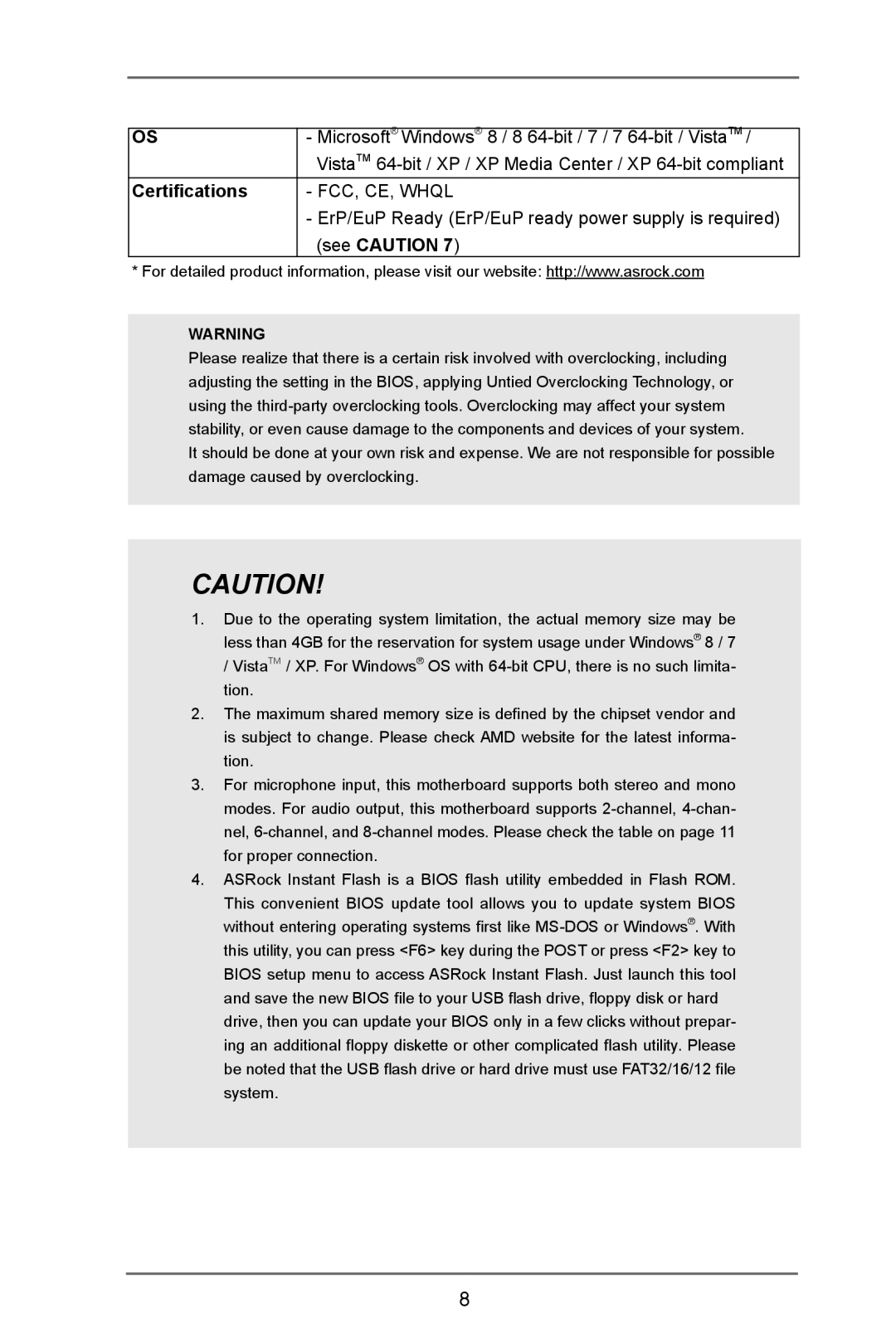 ASRock E350M1 manual Certifications, FCC, CE, Whql 