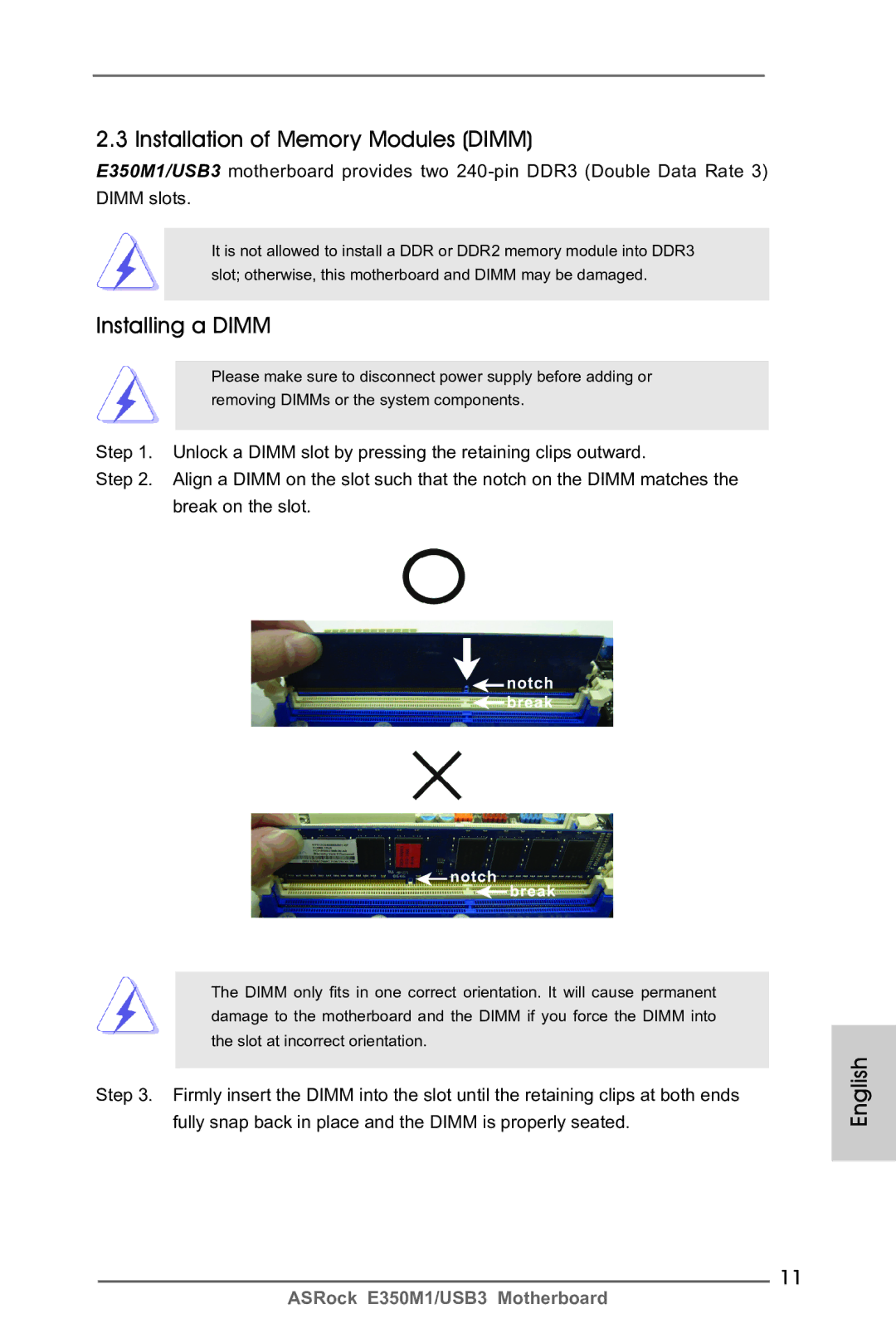 ASRock E350M1/USB3 manual Installation of Memory Modules Dimm, Installing a Dimm 