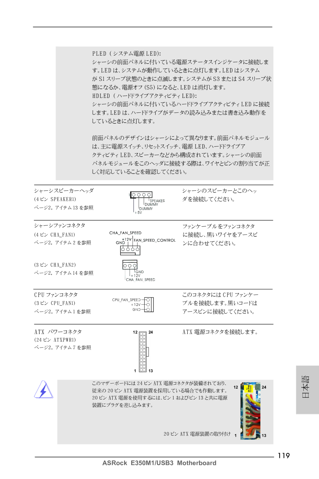 ASRock E350M1/USB3 manual 119, アースピンに接続してください。 Atx パワーコネクタ Atx 電源コネクタを接続します。 