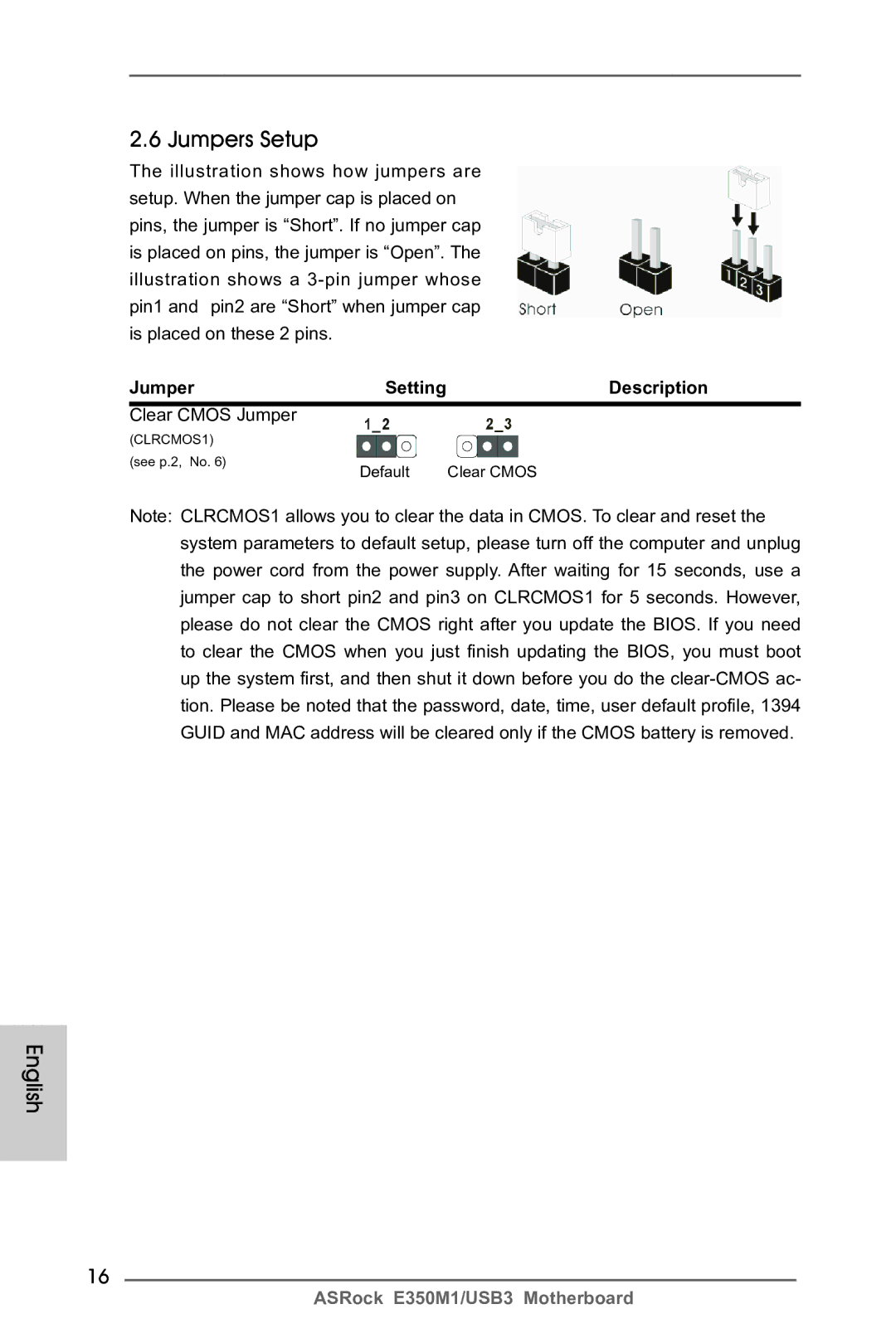 ASRock E350M1/USB3 manual Jumpers Setup, Description, Clear Cmos Jumper 