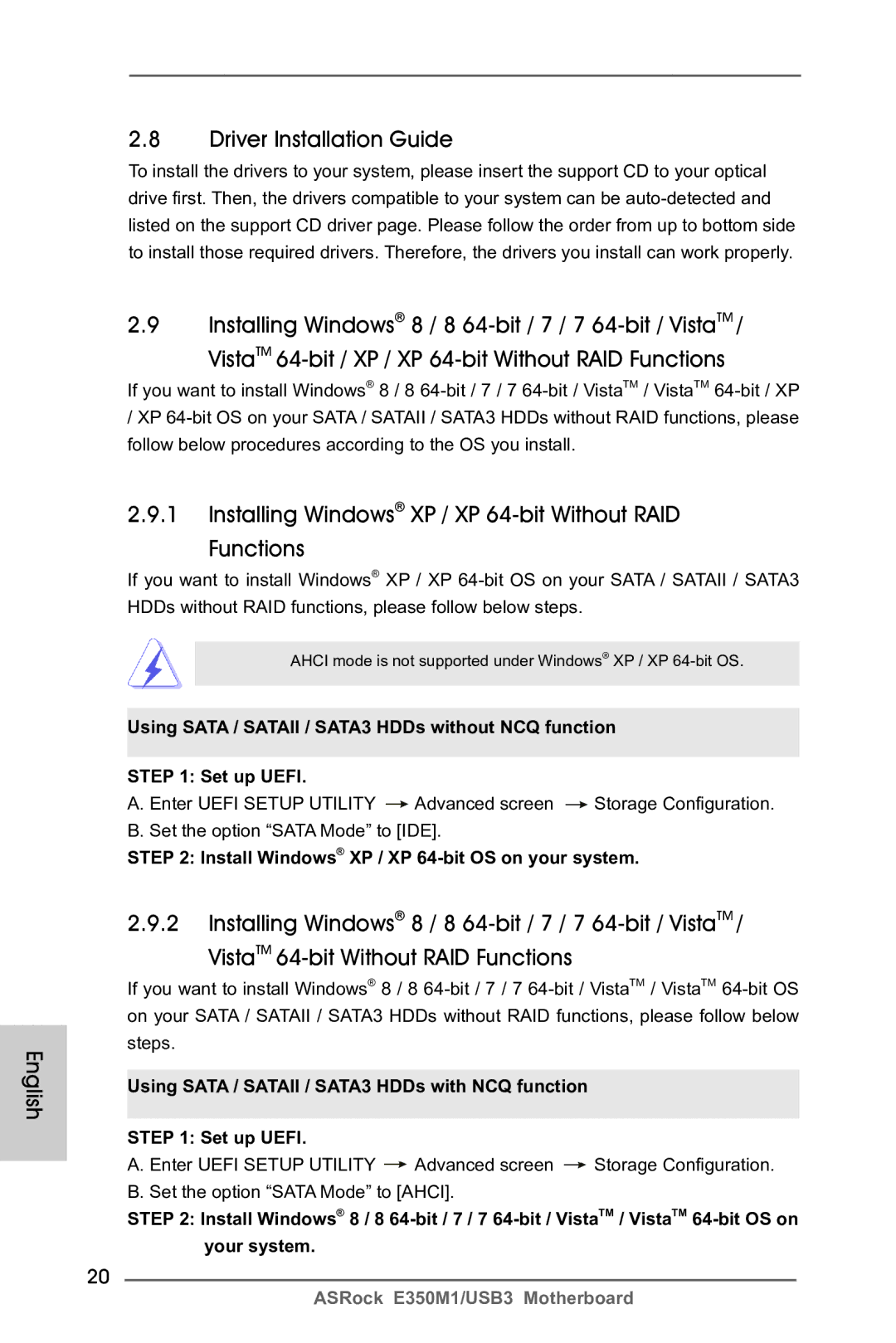 ASRock E350M1/USB3 manual English Driver Installation Guide, Installing Windows XP / XP 64-bit Without RAID Functions 