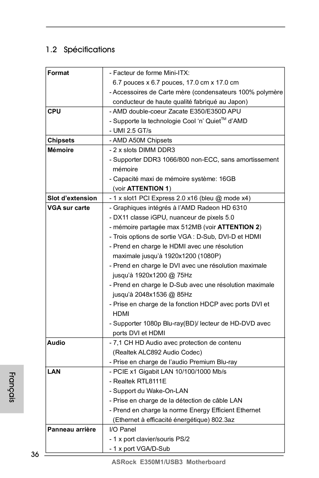 ASRock E350M1/USB3 manual Français Spécifications 