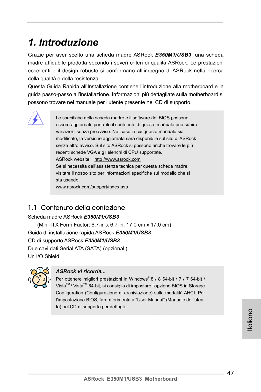 ASRock E350M1/USB3 manual Contenuto della confezione, Italiano 