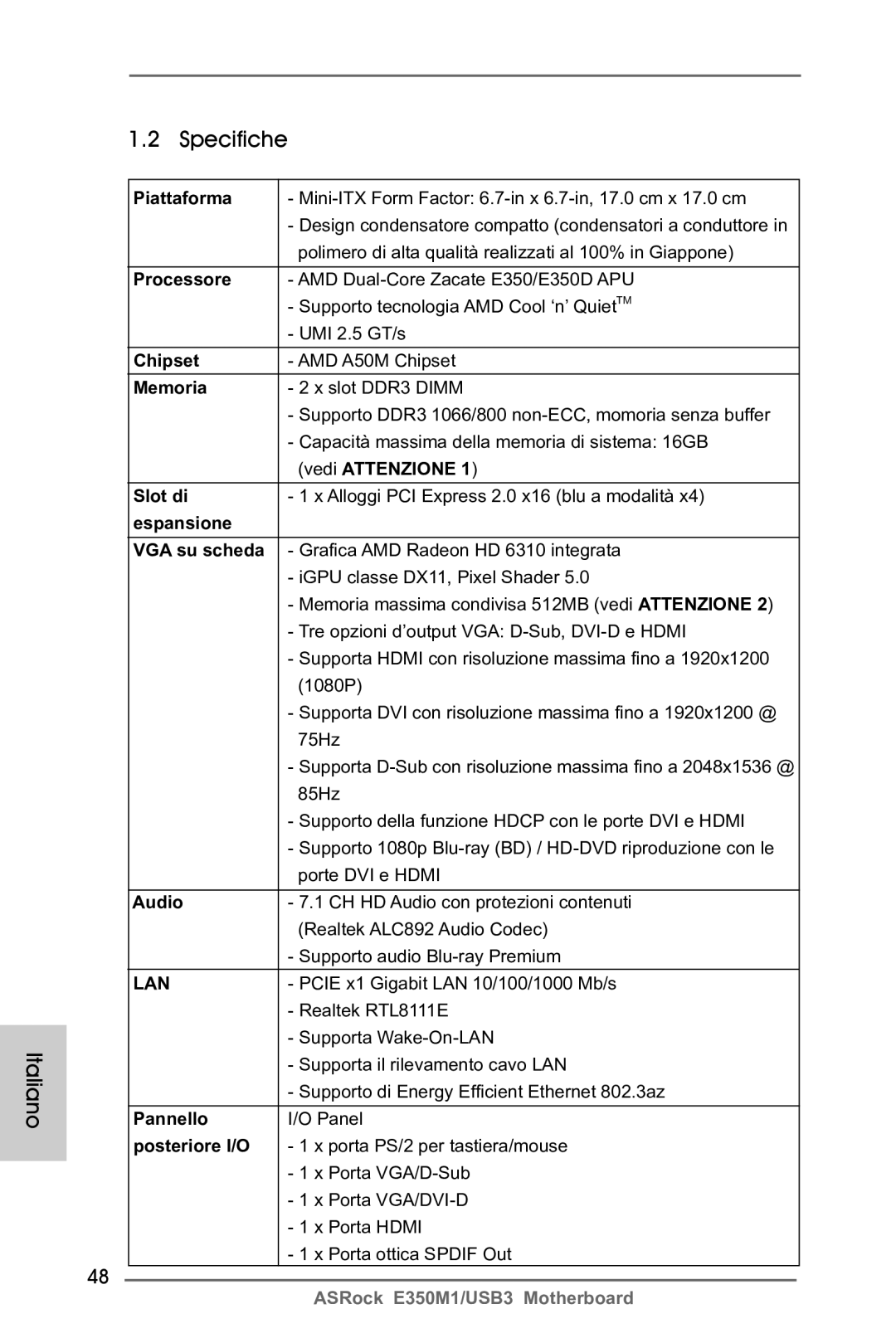 ASRock E350M1/USB3 manual Specifiche 