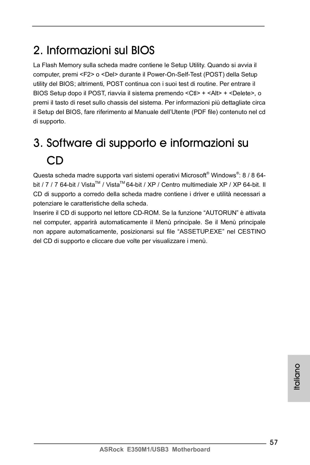 ASRock E350M1/USB3 manual Informazioni sul Bios Software di supporto e informazioni su 