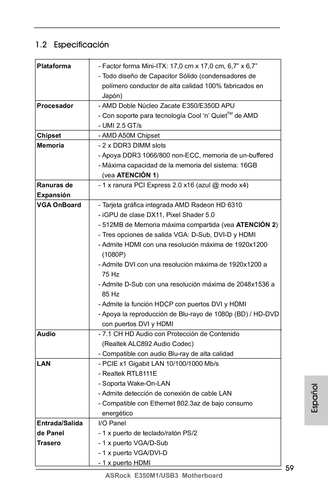 ASRock E350M1/USB3 manual Especificación 