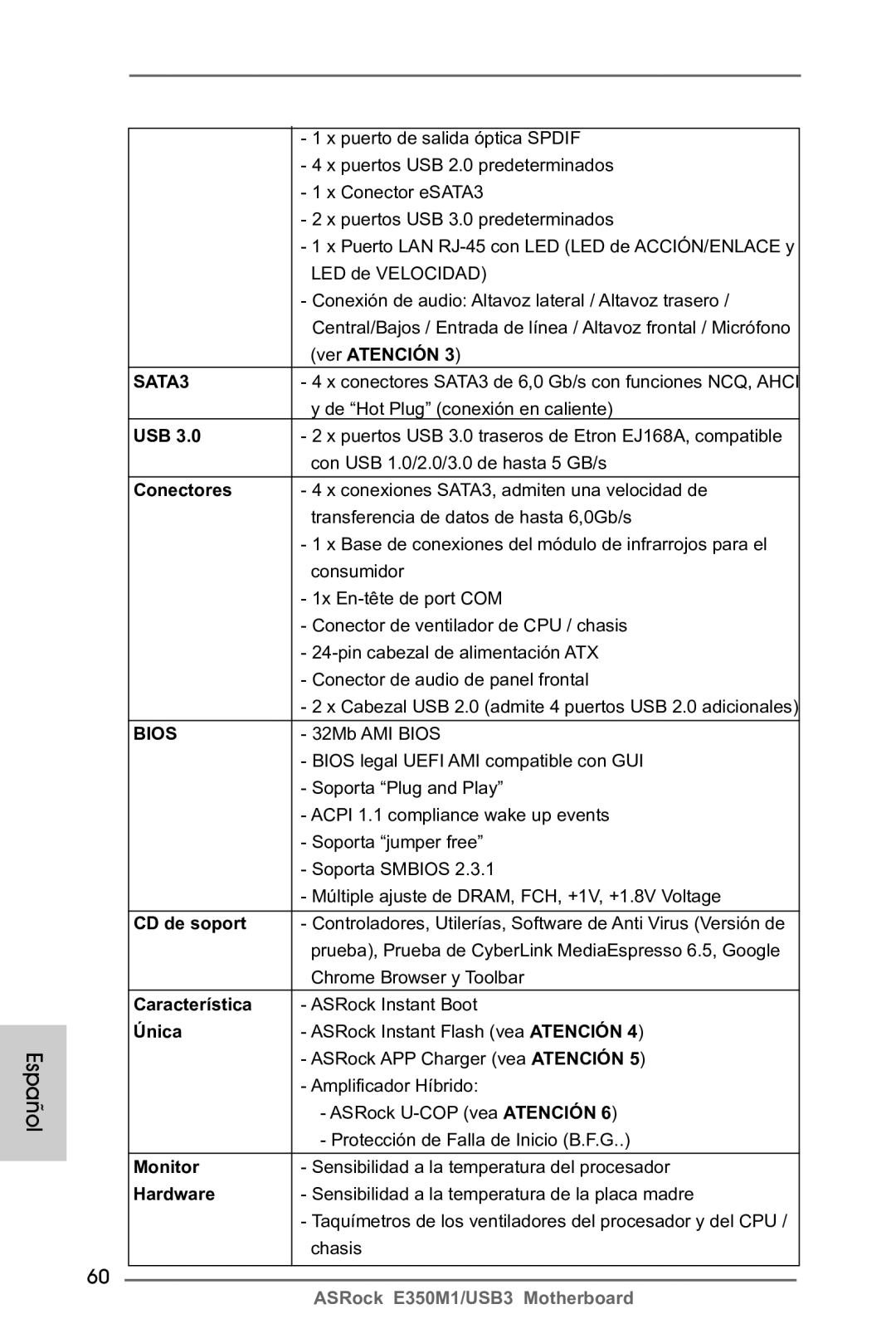 ASRock E350M1/USB3 manual Ver Atención, Conectores, CD de soport, Característica, Única 