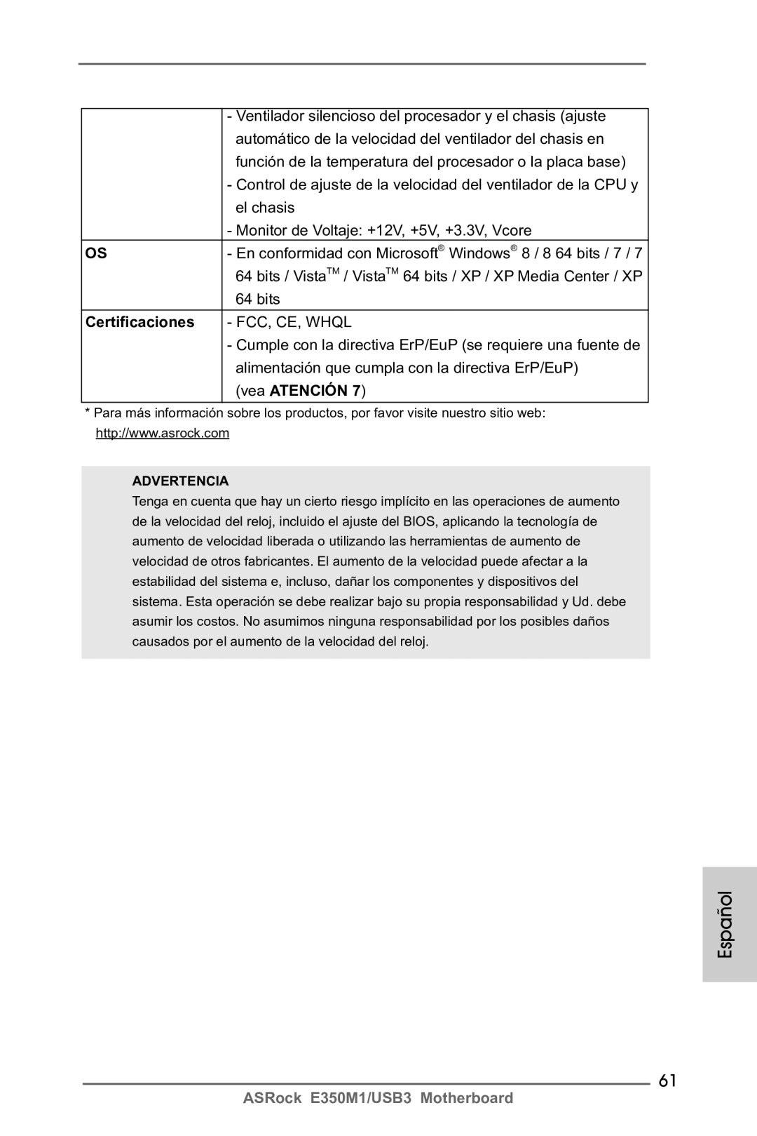 ASRock E350M1/USB3 manual Certificaciones, Vea Atención 