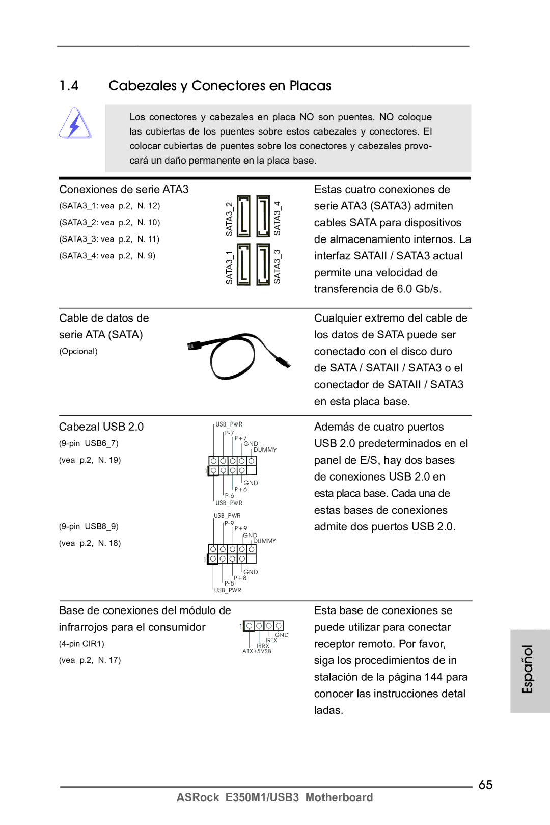 ASRock E350M1/USB3 manual Cabezales y Conectores en Placas, Conexiones de serie ATA3, Cable de datos de serie ATA Sata 