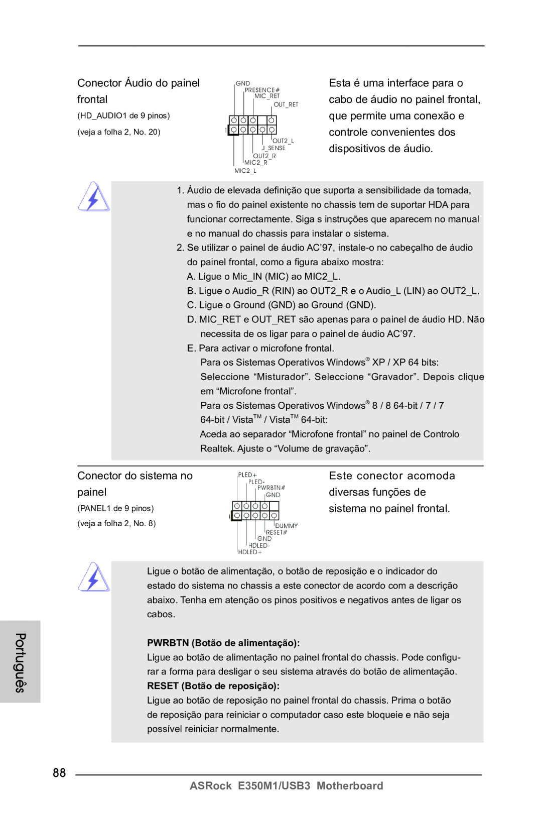 ASRock E350M1/USB3 manual Conector Áudio do painel, Frontal, Sistema no painel frontal, Pwrbtn Botão de alimentação 