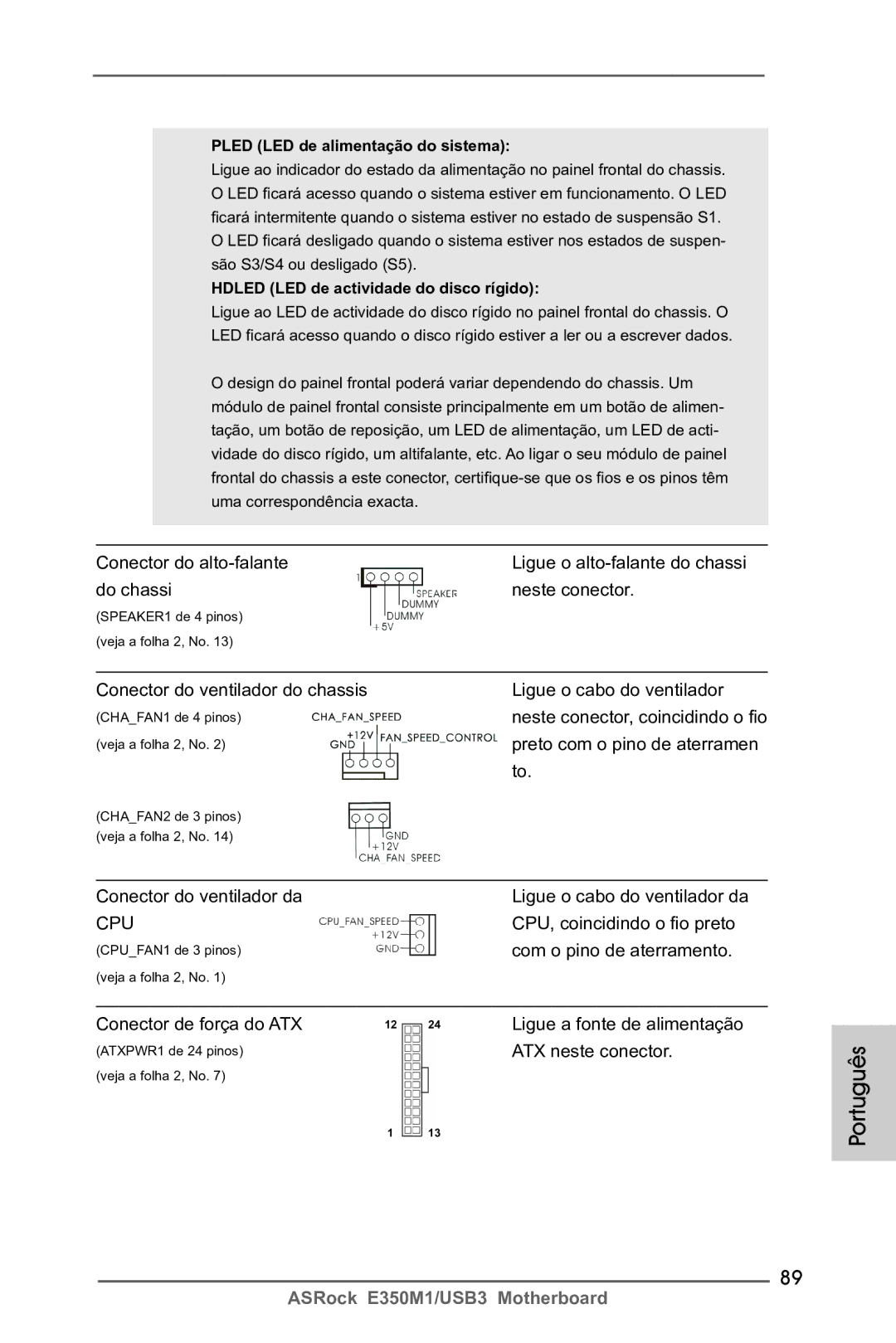 ASRock E350M1/USB3 manual Preto com o pino de aterramen, Conector do ventilador da Ligue o cabo do ventilador da 