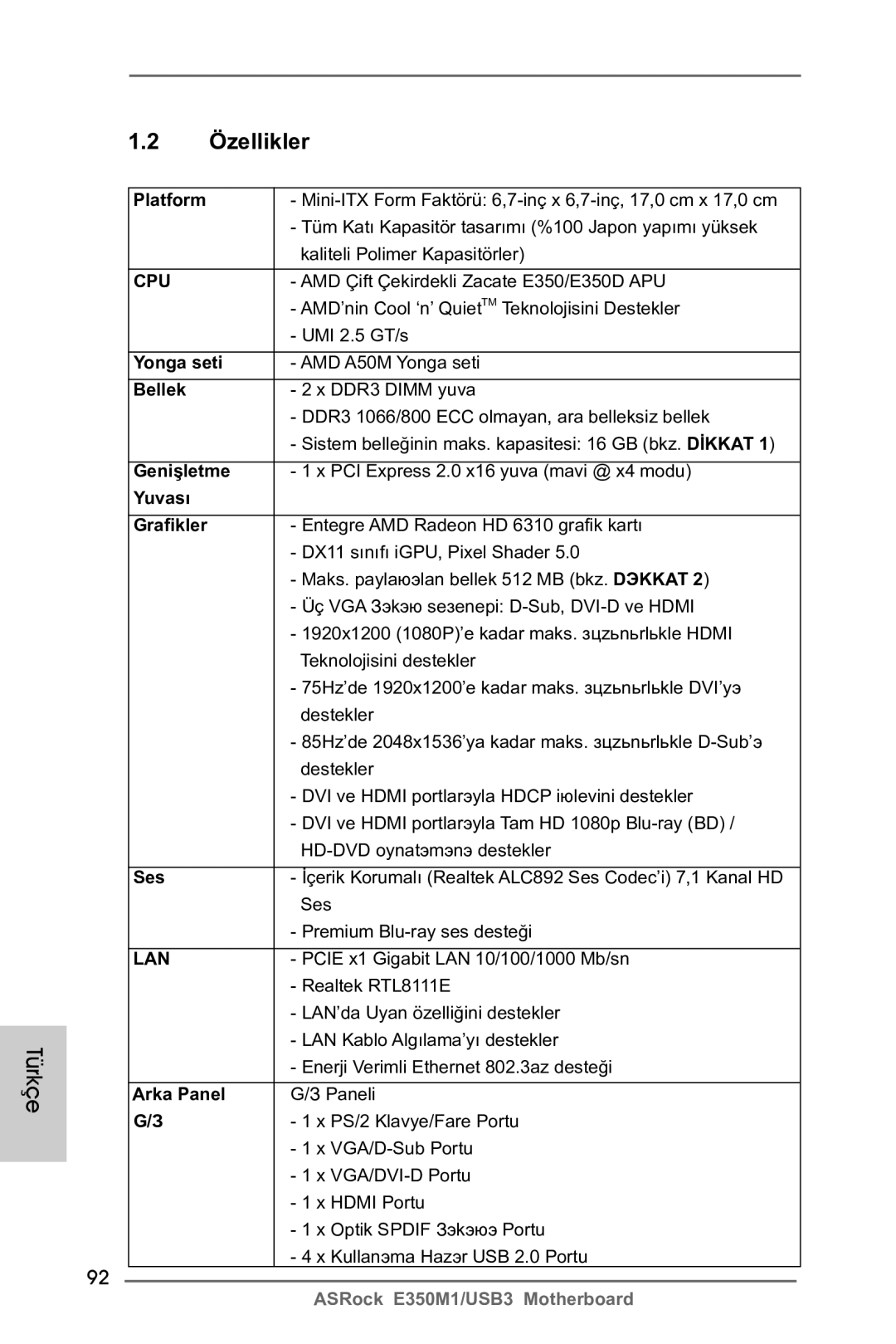 ASRock E350M1/USB3 manual Yonga seti, Bellek, Genişletme, Yuvası Grafikler, Ses, Arka Panel 