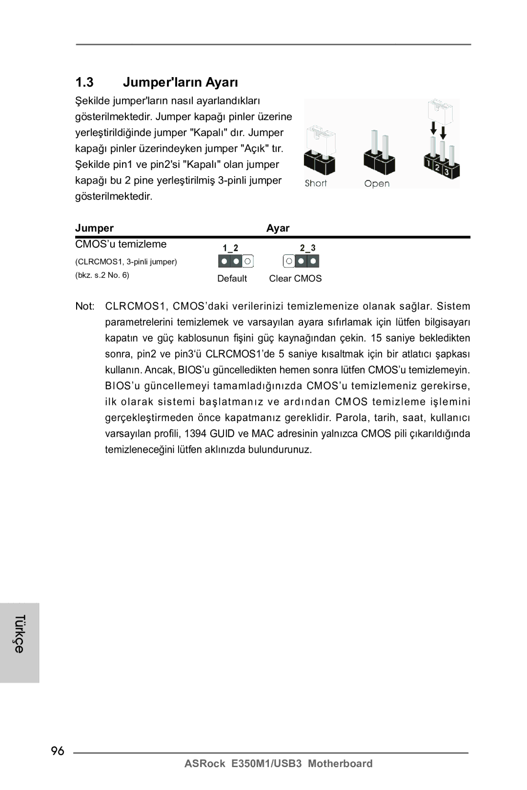 ASRock E350M1/USB3 manual Jumper Ayar, CMOS’u temizleme 