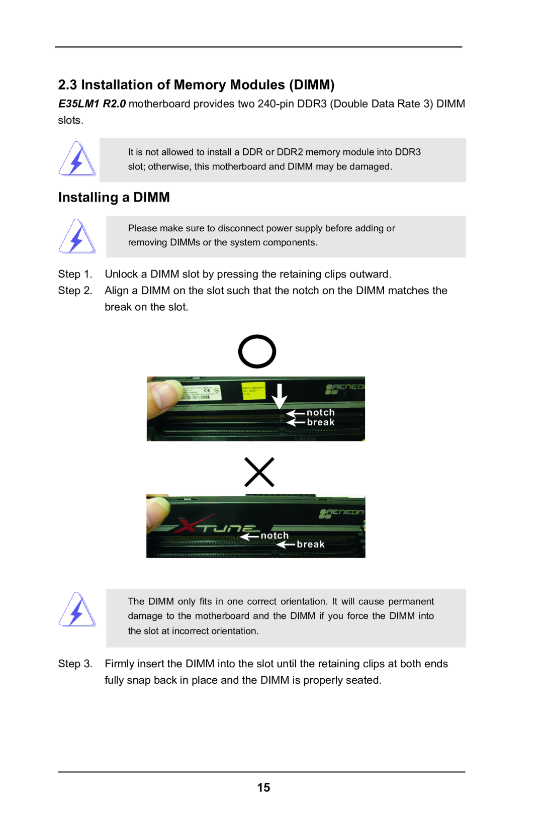 ASRock E35LM1 R2.0 manual Installation of Memory Modules Dimm, Installing a Dimm 