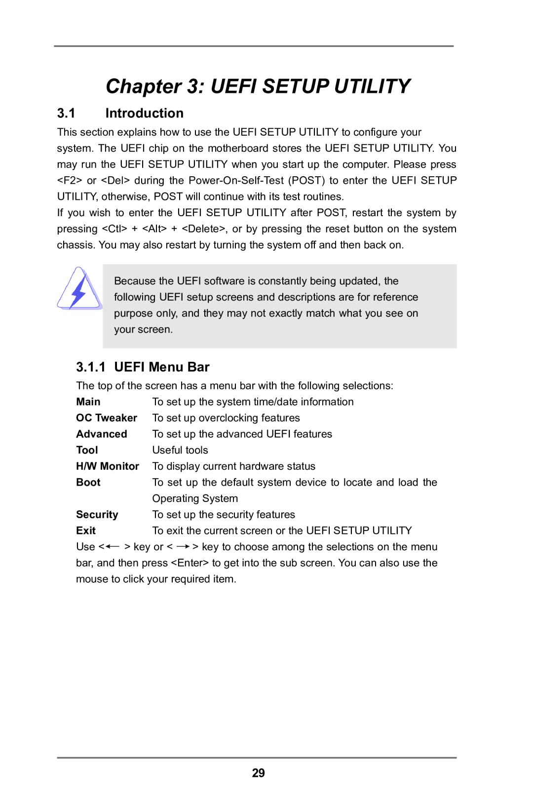 ASRock E35LM1 R2.0 manual Introduction, Uefi Menu Bar 