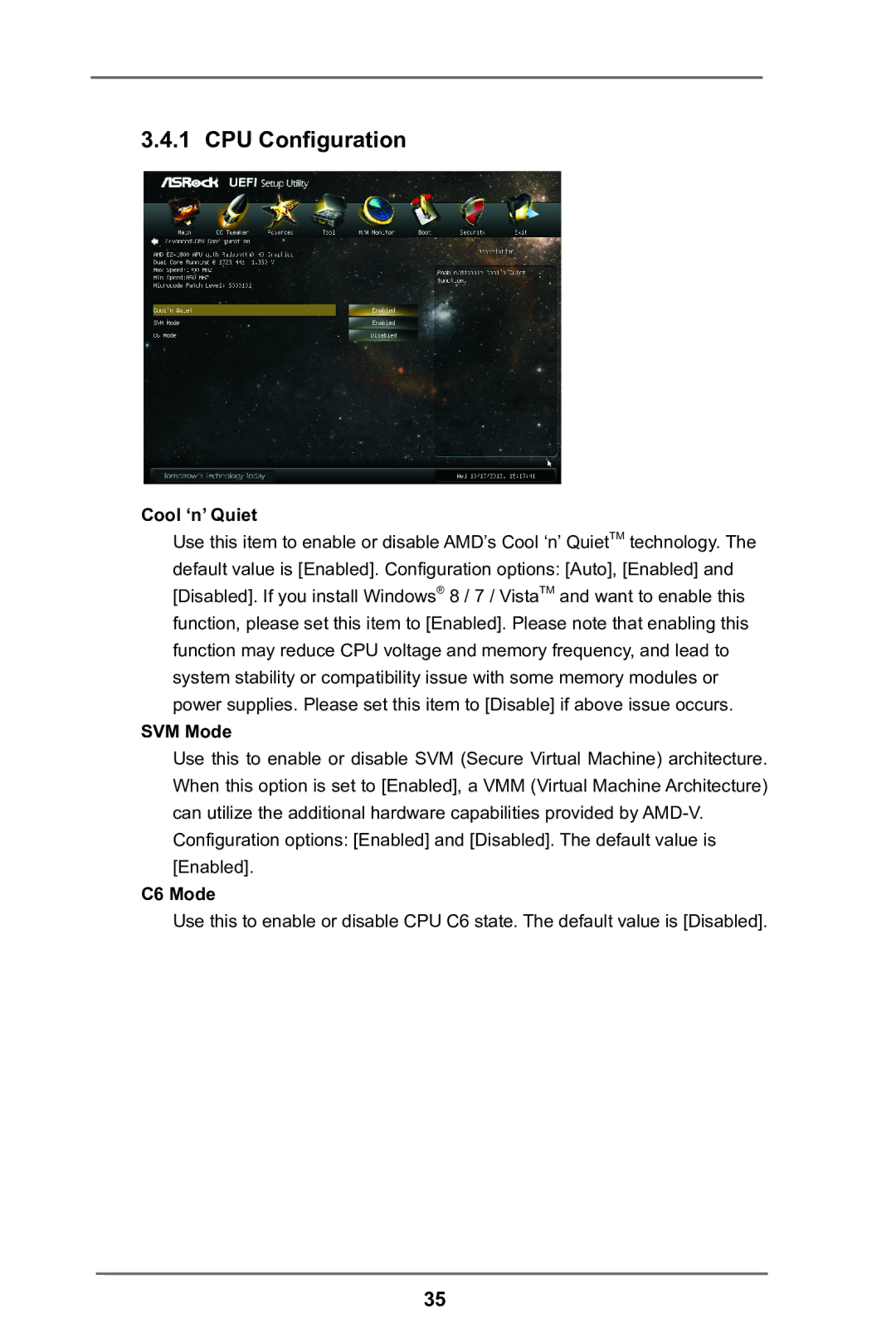 ASRock E35LM1 R2.0 manual CPU Configuration, Cool ‘n’ Quiet, SVM Mode, C6 Mode 