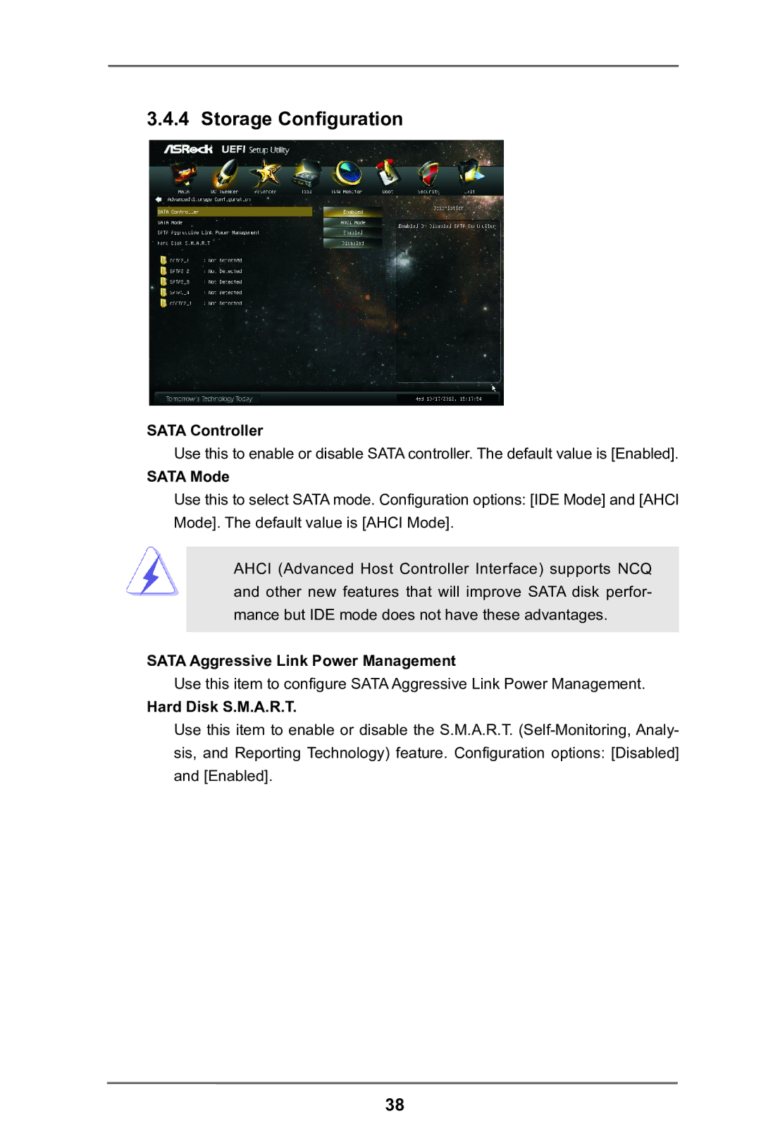 ASRock E35LM1 R2.0 manual Storage Configuration, Sata Controller, Sata Mode, Sata Aggressive Link Power Management 