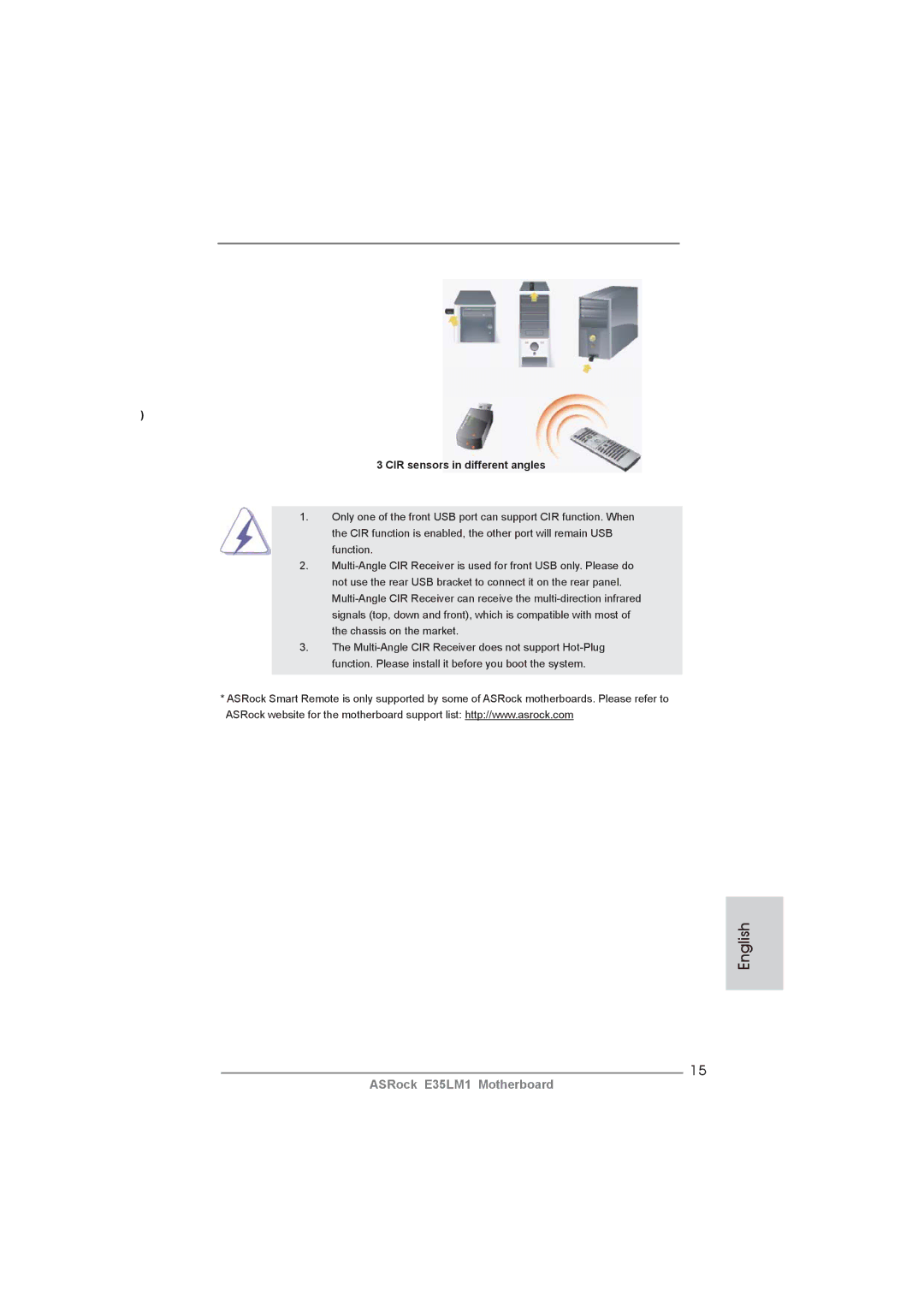 ASRock E35LM1 manual CIR sensors in different angles 