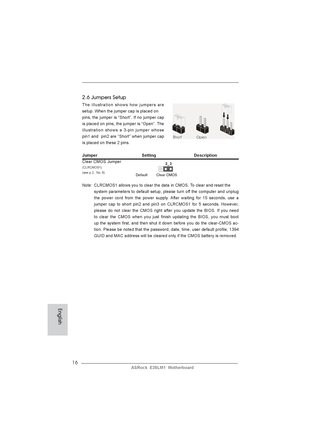 ASRock E35LM1 manual Jumpers Setup, Description, Clear Cmos Jumper 