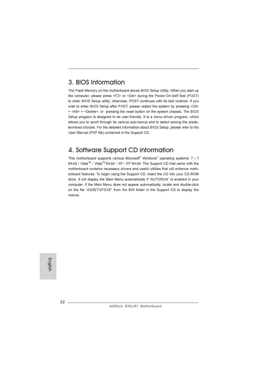 ASRock E35LM1 manual Bios Information, Software Support CD information 