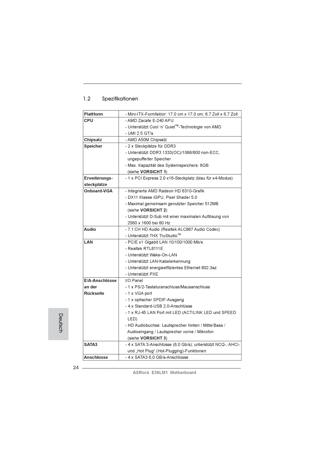 ASRock E35LM1 manual Spezifikationen Deutsch 