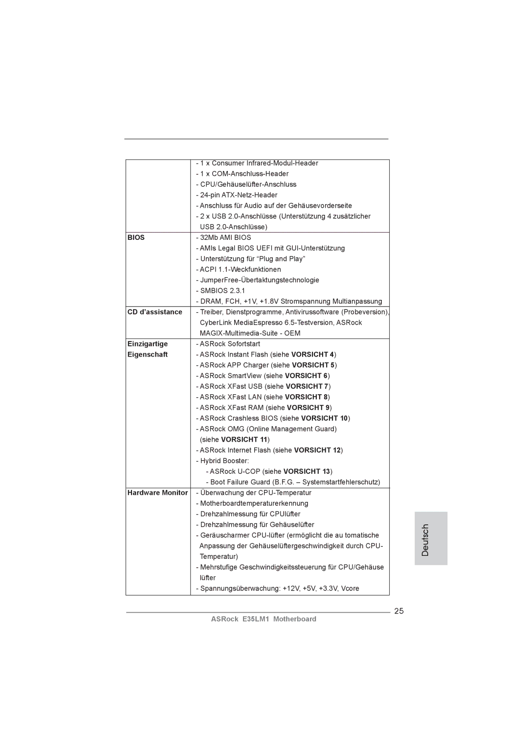 ASRock E35LM1 manual CD d’assistance, Einzigartige, Eigenschaft 