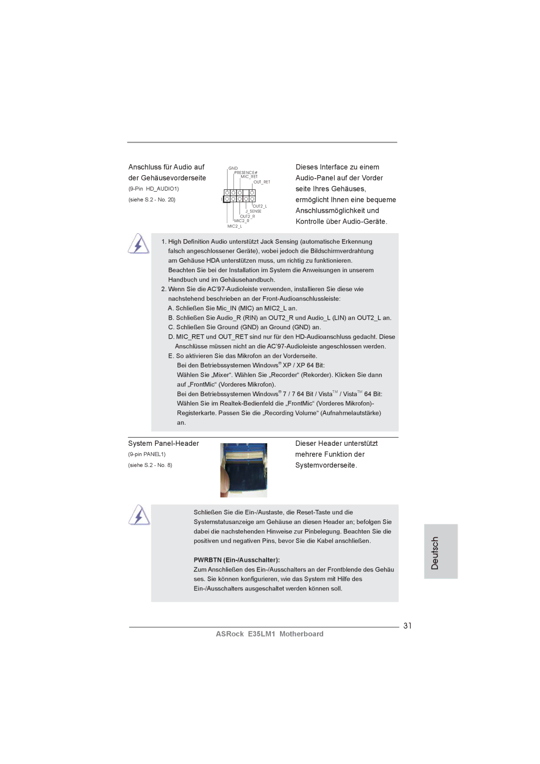 ASRock E35LM1 manual Anschluss für Audio auf, Der Gehäusevorderseite, System Panel-Header, Mehrere Funktion der 